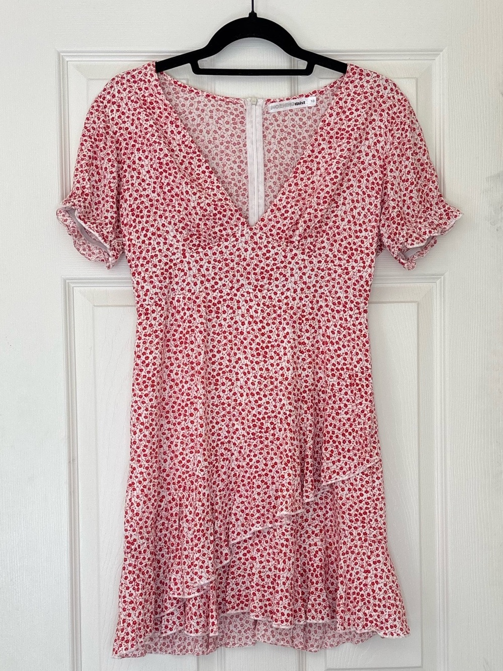 Morning Mist V Neck Floral Mini Dress with Zipper Back and Tiered Botton